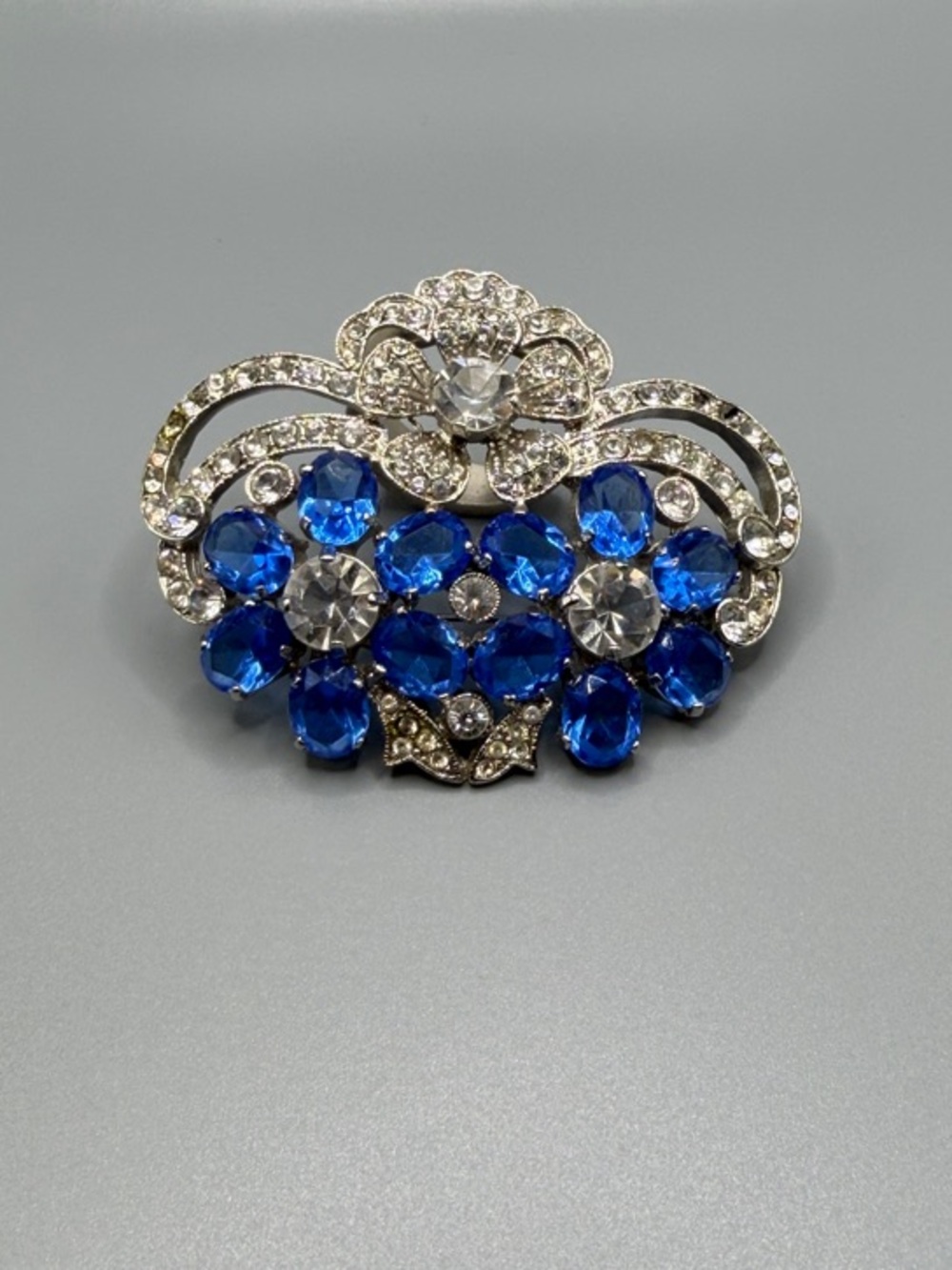 Crystal Floral Brooch with Sapphire Blue Stones